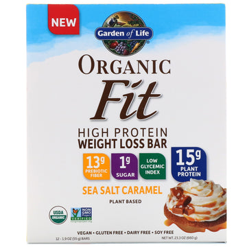 Garden of Life, Organic Fit High Protein Weight Loss Bar, Sea Salt Caramel, 12 Bars, 1.9 oz (55 g) Each