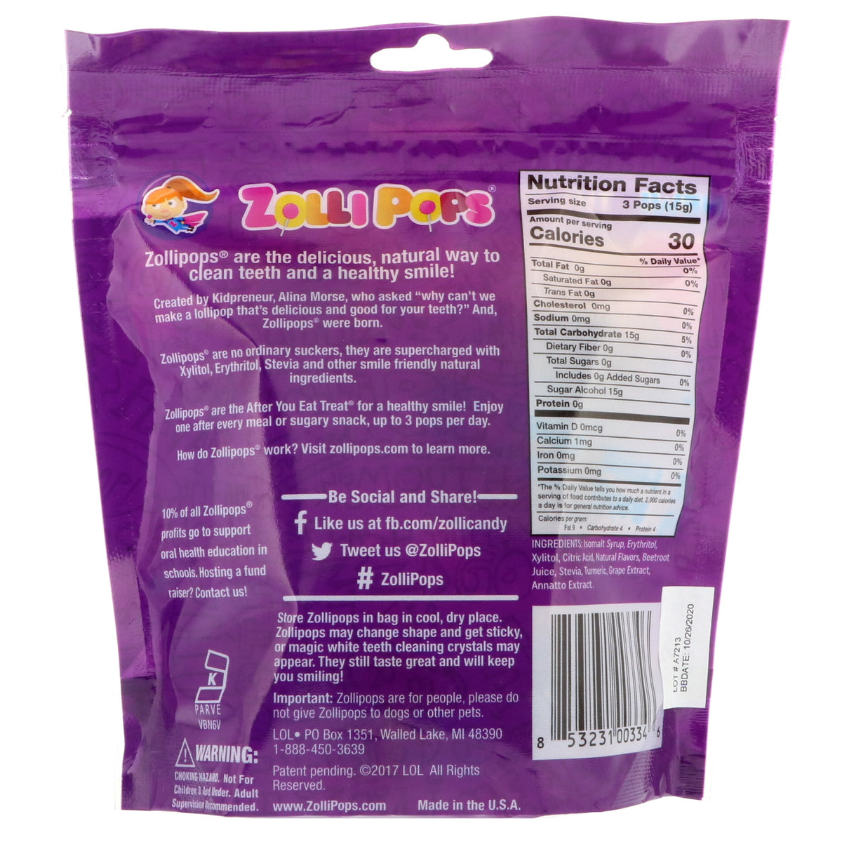 Zollipops , The Clean Teeth Pops, Grape, 15 ZolliPops, 3.1 oz The