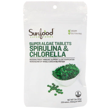 Sunfood, Spirulina & Chlorella, Super Algae Tablets, 250 mg, 225 Tablets