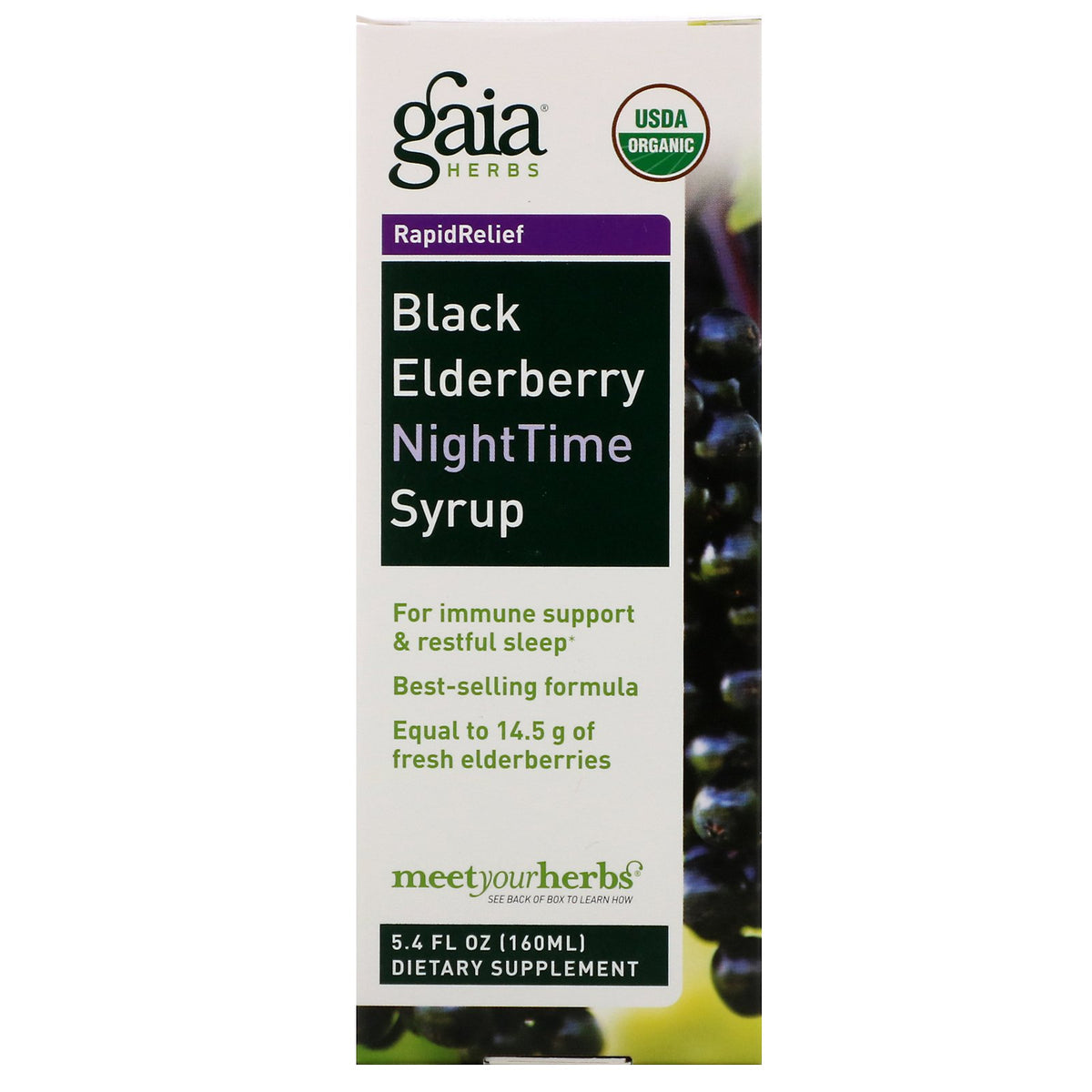 Gaia Herbs, Rapid Relief, Black Elderberry NightTime Syrup, 5.4 fl oz