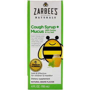 Zarbee's, Children's Cough Syrup + Mucus, Dark Honey & Ivy Leaf, Natural Grape Flavor, For Children 12 Months+, 4 fl oz (118 ml)