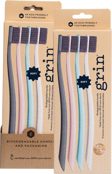 GRIN Biodegradable Toothbrush (4-Pack)  Soft - Mint, Ivory, Navy & Pink 8