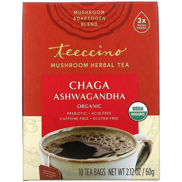 Teeccino, Mushroom Herbal Tea, Organic Chaga Ashwagandha, Caffeine Free , 10 Tea Bags, 2.12 oz (60 g) - The Supplement Shop