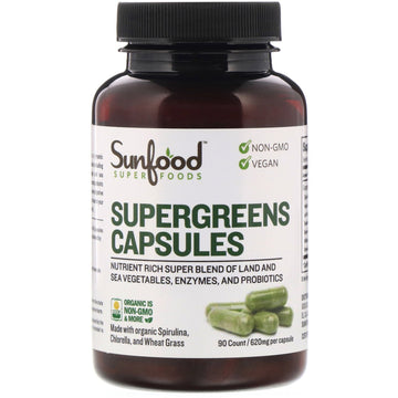 Sunfood, Supergreens Capsules, 620 mg (per serving), 90 Capsules