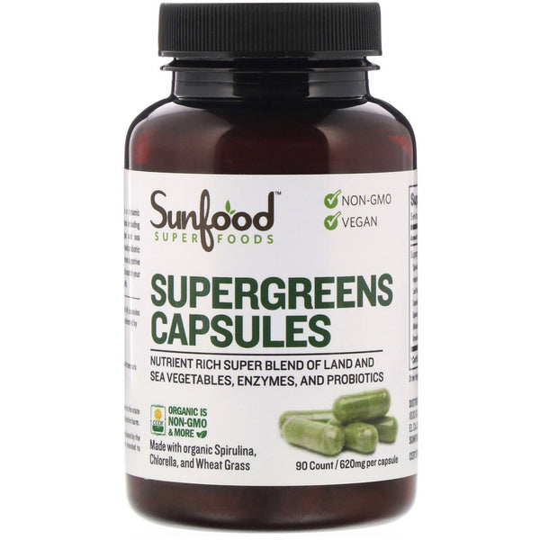 Sunfood, Supergreens Capsules, 620 mg, 90 Capsules - The Supplement Shop