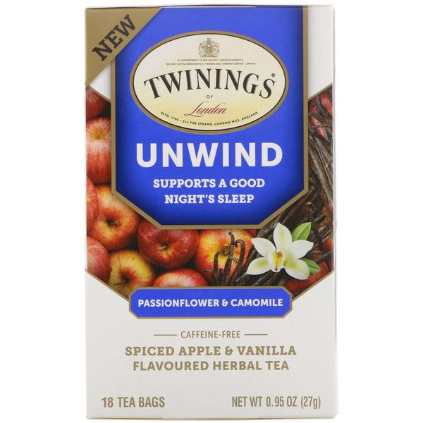 Twinings, Unwind Herbal Tea, Passionflower & Chamomile, Spiced Apple & Vanilla, Caffeine Free, 18 Tea Bags, 0.95 oz (27 g) - The Supplement Shop