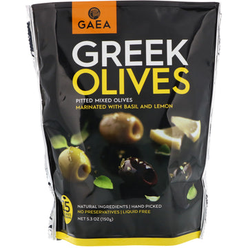 Gaea, Greek Olives, Pitted Mixed Olives, Marinated With Basil and Lemon, 5.3 oz (150 g)