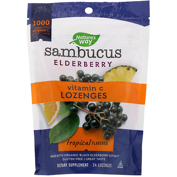 Nature's Way, Sambucus Elderberry, Vitamin C Lozenges, Tropical Flavored, 24 Lozenges - The Supplement Shop