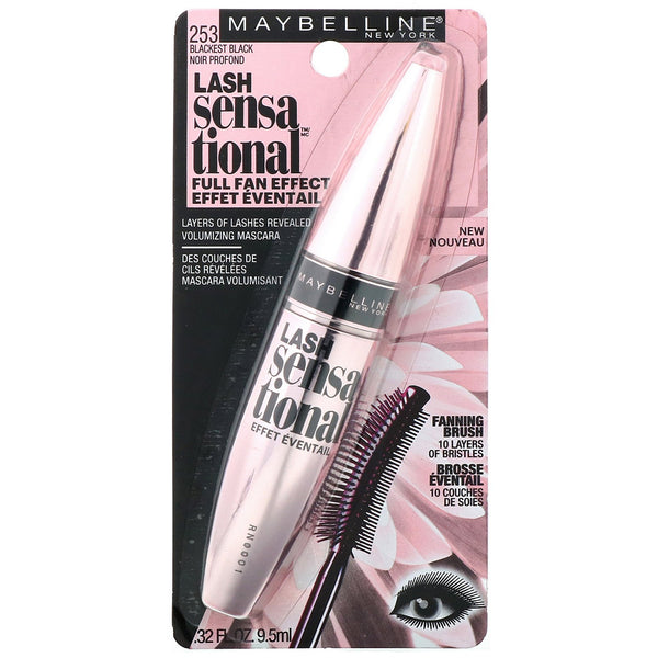 Maybelline, Lash Sensational Mascara, 253 Blackest Black, 0.32 fl oz (9.5 ml) - The Supplement Shop