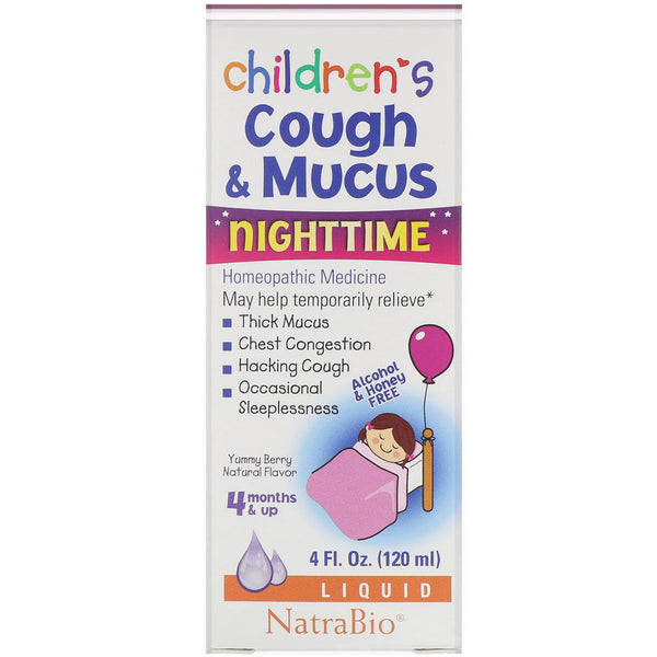NatraBio, Children's Cough & Mucus, NightTime, Alcohol Free, Yummy Berry Natural Flavor, 4 Months and Up, 4 fl oz (120 ml) - The Supplement Shop