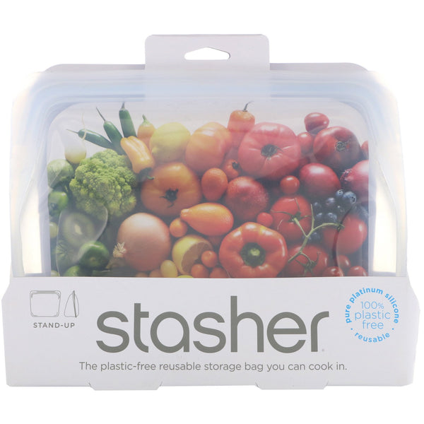 Stasher, Reusable Silicone Food Bag, Stand Up Bag, Clear, 56 fl. oz. (128 g) - The Supplement Shop
