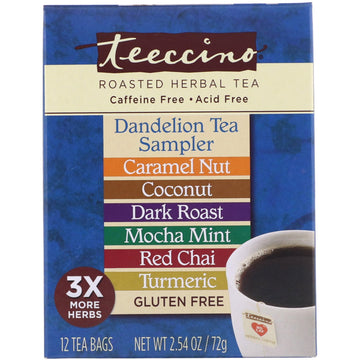 Teeccino, Roasted Herbal Tea, Dandelion Tea Sampler, 6 Flavors, Caffeine Free, 12 Tea Bags, 2.54 oz (72 g)
