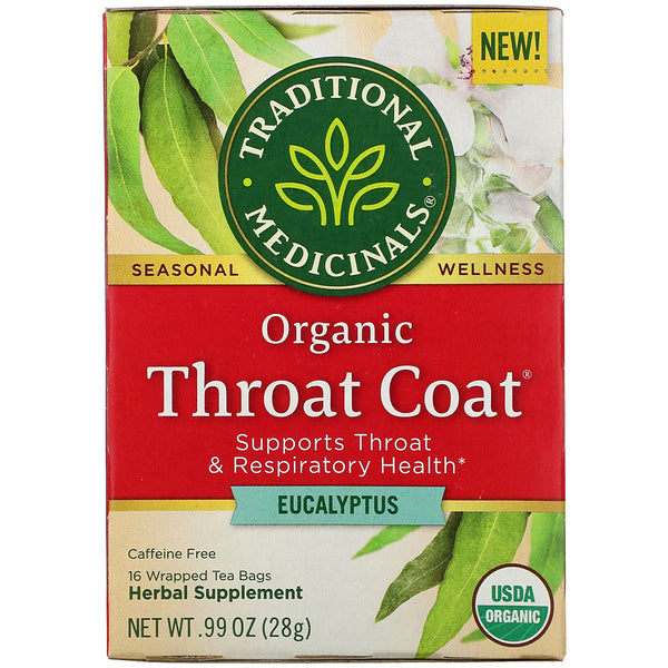 Traditional Medicinals, Organic Throat Coat, Eucalyptus, Caffeine Free, 16 Wrapped Tea Bags, .99 oz (28 g) - The Supplement Shop