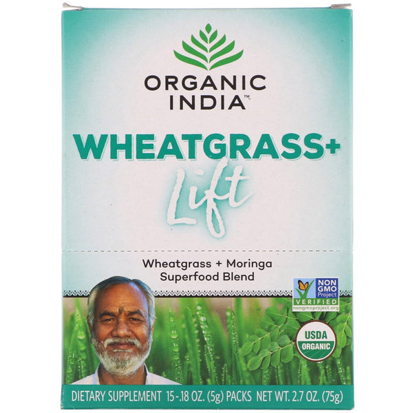 Organic India, Wheatgrass+ Lift, Superfood Blend, 15 Packs, 0.18 oz (5 g) Each - The Supplement Shop