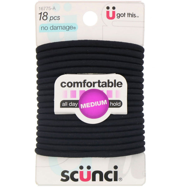 Scunci, No Damage Elastics, Comfortable, All Day Medium Hold, Black, 18 Pieces - The Supplement Shop