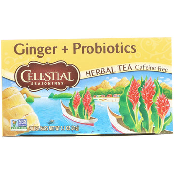 Celestial Seasonings, Herbal Tea, Ginger + Probiotics, Caffeine Free, 20 Tea Bags, 1.1 oz (31 g)