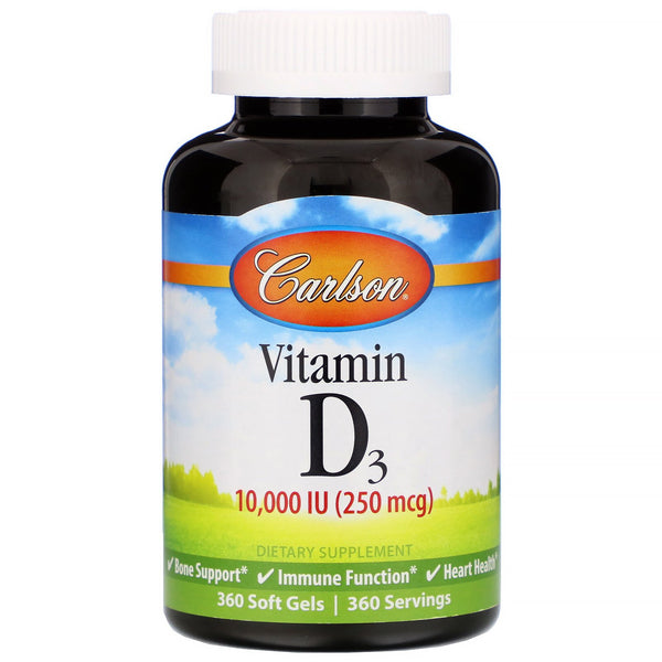 Carlson Labs, Vitamin D3, 10,000 IU (250 mcg), 360 Soft Gels - The Supplement Shop