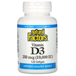 Natural Factors, Vitamin D3, 250 mcg (10,000 IU), 120 Softgels - The Supplement Shop