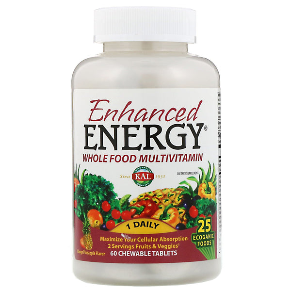 KAL, Enhanced Energy, Whole Food Multivitamin, Mango Pineapple Flavor, 60 Chewable Tablets - The Supplement Shop