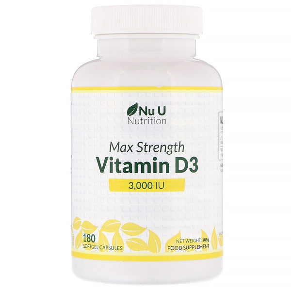 Nu U Nutrition, Max Strength Vitamin D3, 3,000 IU, 180 Softgel Capsules - The Supplement Shop