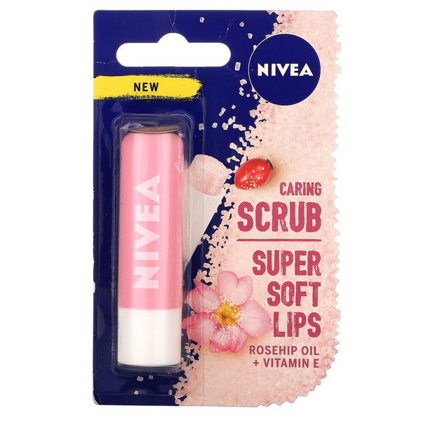 Nivea, Caring Scrub Super Soft Lips, Rosehip Oil + Vitamin E, 0.17 oz (4.8 g) - The Supplement Shop