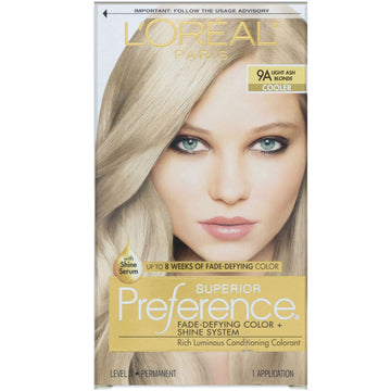 L'Oreal, Superior Preference, Fade-Defying Color + Shine System, Cooler. Light Ash Blonde 9A, 1 Application