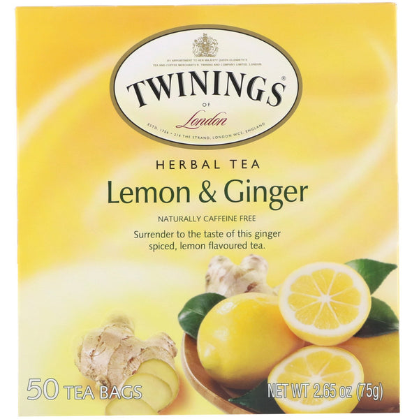 Twinings, Herbal Tea, Lemon & Ginger, Caffeine Free, 50 Tea Bags, 2.65 oz (75 g) - The Supplement Shop