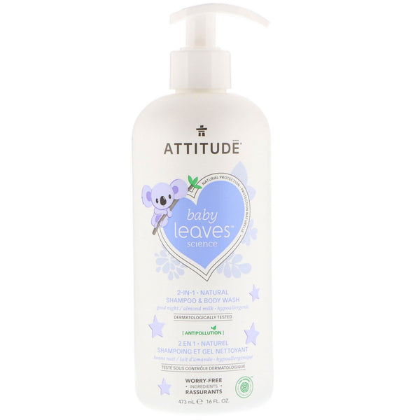 ATTITUDE, Baby Leaves Science, 2-In-1 Natural Shampoo & Body Wash, Almond Milk, 16 fl oz (473 ml) - The Supplement Shop