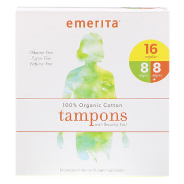 Emerita, 100% Organic Cotton Tampons with Security Veil, Multipack, 32 Tampons