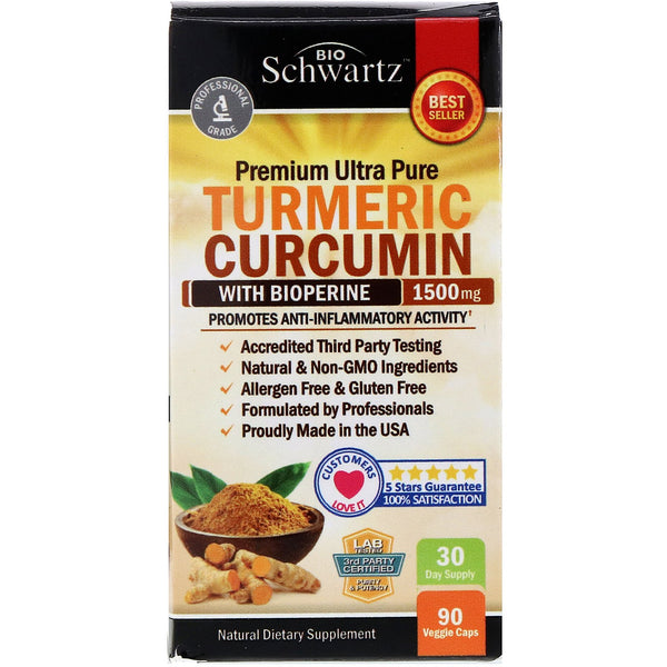 BioSchwartz, Premium Ultra Pure Turmeric Curcumin with Bioperine, 1,500 mg, 90 Veggie Caps - The Supplement Shop