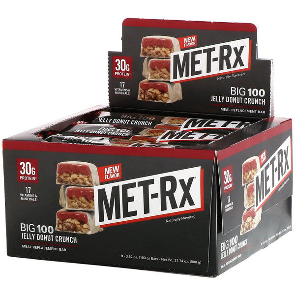 MET-Rx, Big 100, Meal Replacement Bar, Jelly Donut Crunch, 9 bars, 3.52 oz (100 g) Each - The Supplement Shop