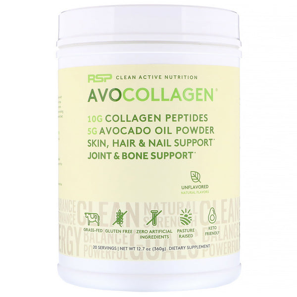 RSP Nutrition, AvoCollagen, Collagen Peptides & Avocado Oil Powder, Unflavored, 12.7 oz (360 g) - The Supplement Shop