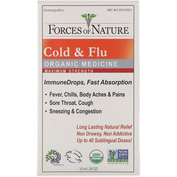 Forces of Nature, Cold & Flu, Organic Medicine, ImmuneDrops, Maximum Strength, 0.34 oz (10 ml)
