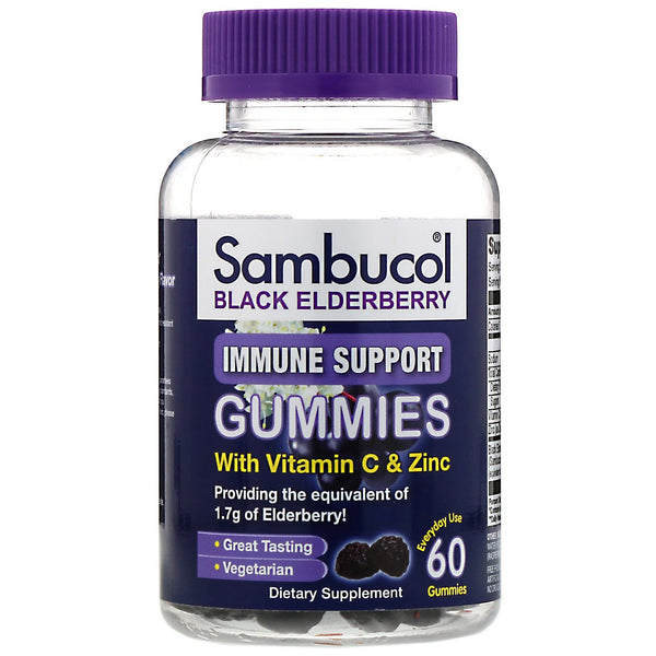 Sambucol, Black Elderberry, Immune Support Gummies with Vitamin C & Zinc, Natural Berry, 60 Gummies - The Supplement Shop