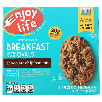 Enjoy Life Foods, Soft-Baked Breakfast Fruit & Oat Ovals, Chocolate Chip Banana, 5 Bars, 1.76 oz (50 g) Each