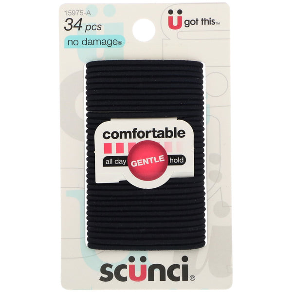 Scunci, No Damage Elastics, Comfortable, All Day Gentle Hold, Black, 34 Pieces - The Supplement Shop