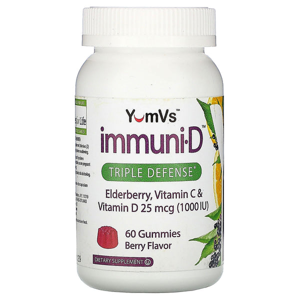 YumV's, Elderberry, Vitamin C & Vitamin D, Triple Defense, Berry Flavor, 25 mcg (1,000 IU), 60 Gummies - The Supplement Shop