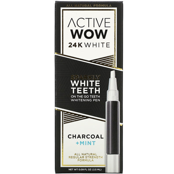 Active Wow, 24K White, Sparkly Teeth Whitening Pen, Charcoal + Mint, 0.09 fl oz (2.5 ml) - The Supplement Shop