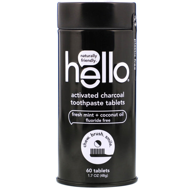 Hello, Activated Charcoal Toothpaste Tablets, Fresh Mint + Coconut Oil, 60 Tablets - The Supplement Shop
