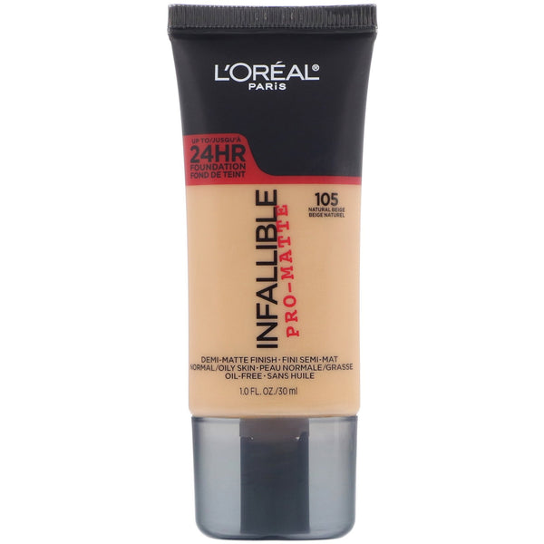 L'Oreal, Infallible Pro-Matte Foundation, 105 Natural Beige, 1 fl oz (30 ml) - The Supplement Shop