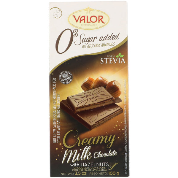 Valor, 0% Sugar Added, Creamy Milk Chocolate With Hazelnut, 3.5 oz (100 g) - The Supplement Shop