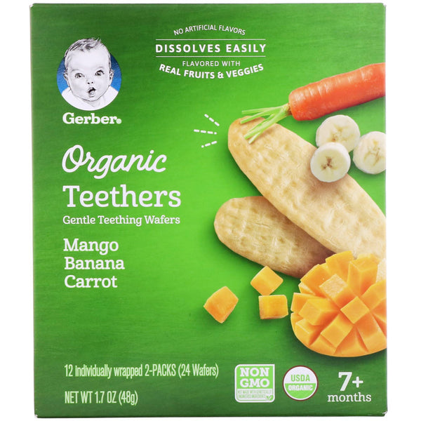 Gerber, Organic Teethers, Gentle Teething Wafers, 7+ Months, Mango Banana Carrot, 12 Packs, 2 Wafers Each - The Supplement Shop