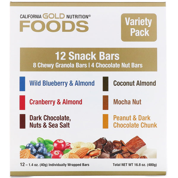 California Gold Nutrition, Foods, Variety Pack Snack Bars, 12 Bars, 1.4 oz (40 g) Each - The Supplement Shop