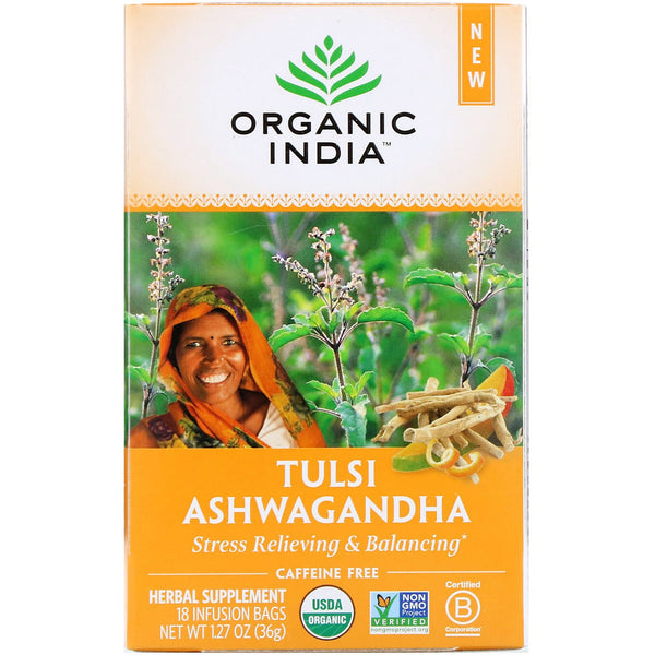Organic India, Tulsi Tea, Ashwagandha, Caffeine-Free, 18 Infusion Bags, 1.27 oz (36 g) - The Supplement Shop