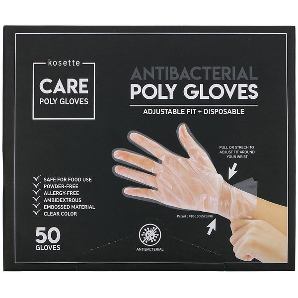 Kosette, Antibacterial Poly Gloves, Adjustable Fit + Disposable, 50 Gloves - The Supplement Shop