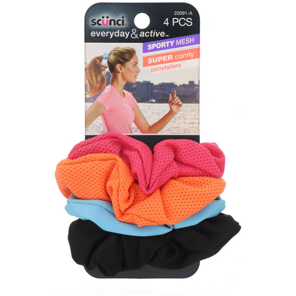 Scunci, Everyday & Active, Sporty Mesh & Super Comfy Ponytailers, Assorted Colors, 4 Pieces - The Supplement Shop