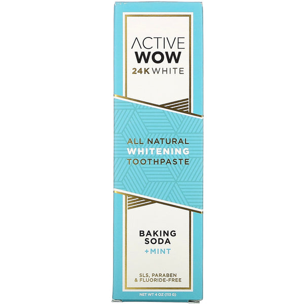 Active Wow, 24K White, All Natural Whitening Toothpaste, Baking Soda + Mint, 4 oz (113 g) - The Supplement Shop
