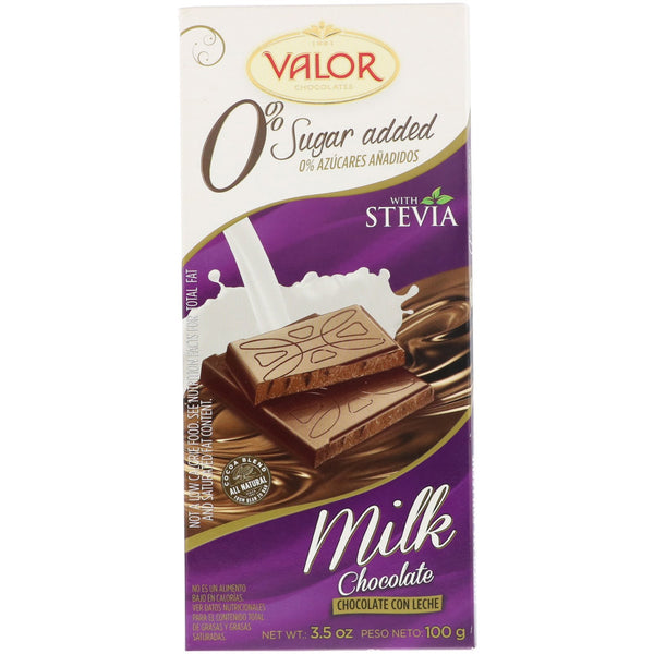 Valor, Milk Chocolate Bar with Stevia, 0% Sugar Added, 3.5 oz (100 g) - The Supplement Shop