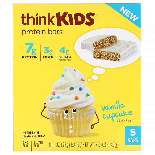 ThinkThin, ThinkKids, Protein Bars, Vanilla Cupcake, 5 Bars, 1 oz (28 g ) Each - The Supplement Shop