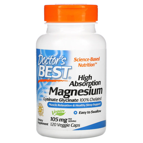 Doctor's Best, High Absorption Magnesium, Lysinate Glycinate 100% Chelated, 105 mg, 120 Veggie Caps - The Supplement Shop